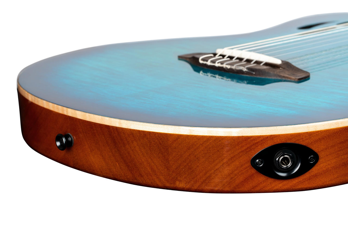 Ortega TourPlayer Deluxe Thinline Crossover Nylon-String Electric Guitar w/Pro gig bag, Flamed Maple Gloss Blue (RTPDLX-FMA)