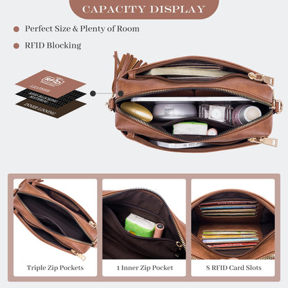 Roulens Triple Zip Small Crossbody Bag for women,Wide Strap Cell Phone Purse Shoulder Handbag Wallet with Credit Card Slots