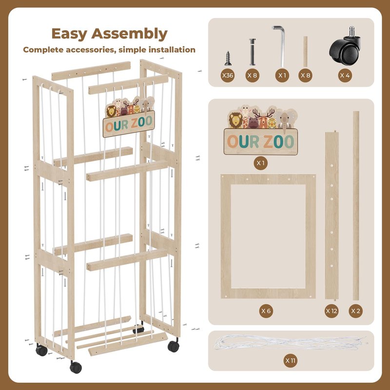 DEMEGA Stuffed Animal Zoo Storage with Wheels, Mobile Wooden Toy Organizer Cage with Elastic Band, Easy Assembly Large Capacity for Nursery Playroom Bedroom