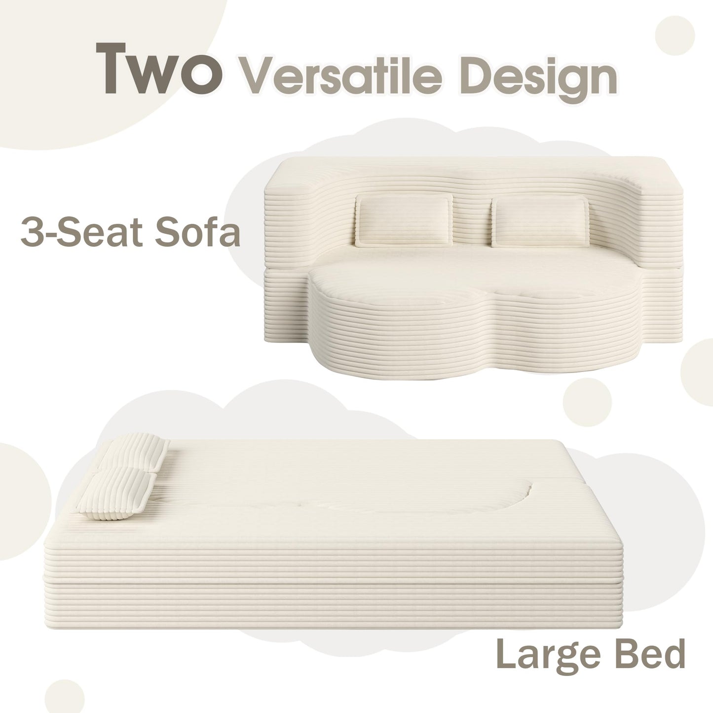 BAYYELL 78" Full Size Convertible Sofa Bed, 2-in-1 Folding Floor Couch with 2 Pillows, Sleeper Sofa for Living Room and Bedroom, No Assembly Required (Beige, Corduroy Fabric)