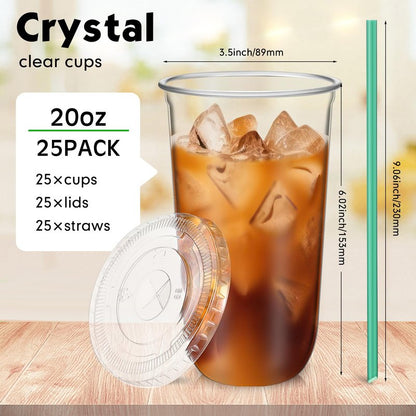 Baderke 25 Set Plastic Cups with Lids and Straws, Disposable Plastic Iced Coffee Cup for Cold Beverage Juice Smoothie Crystal for Coffee Shops Party Catering(Clear,20 oz)