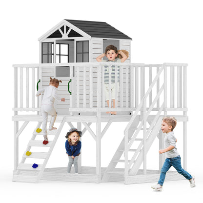 GarveeLife Outdoor Wooden Playhouse with Climbing Wall, 2 Story Wooden Playhouse with Step Ladder, Elevated Modern Cedar Playhouses Kids
