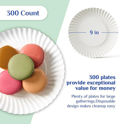 MUCHII 300 Count 9 Inch Paper Plates, Disposable Dinner Plates Bulk, White Plate Uncoated for Parties, Catering, Picnics, and DIY