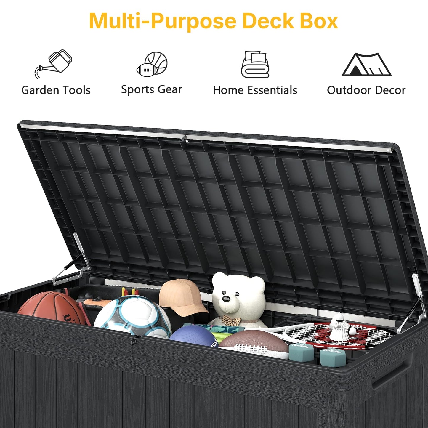 Skepphlay 230 Gallon Deck Box, Outdoor Storage Box Waterproof and UV Resistant, Patio Storage Box Lockable Large, 440 lbs Load Capacity for Garden, Patio, Pool (Black)