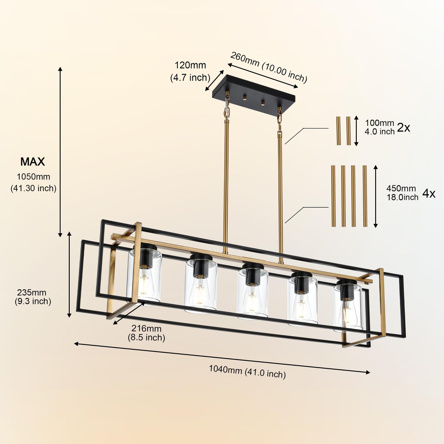 Lucidce 5-Light Farmhouse Chandelier Black and Brass Kitchen Island Lighting with Clear Glass Shades, Rectangular Chandeliers for Kitchen or Dining Room