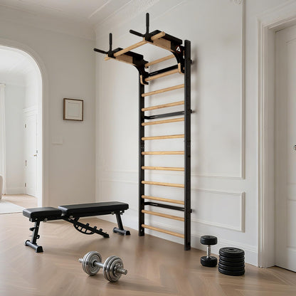 Swedish Ladder Pro, Wood Stall Bar with Push-Through Bar, Adjustable Pull-Up Dip Bar for Adults and Kids, Accessories Bundle, Spring, for Home, School, Physical Therapy and Gymnastics (40"x90“x26")