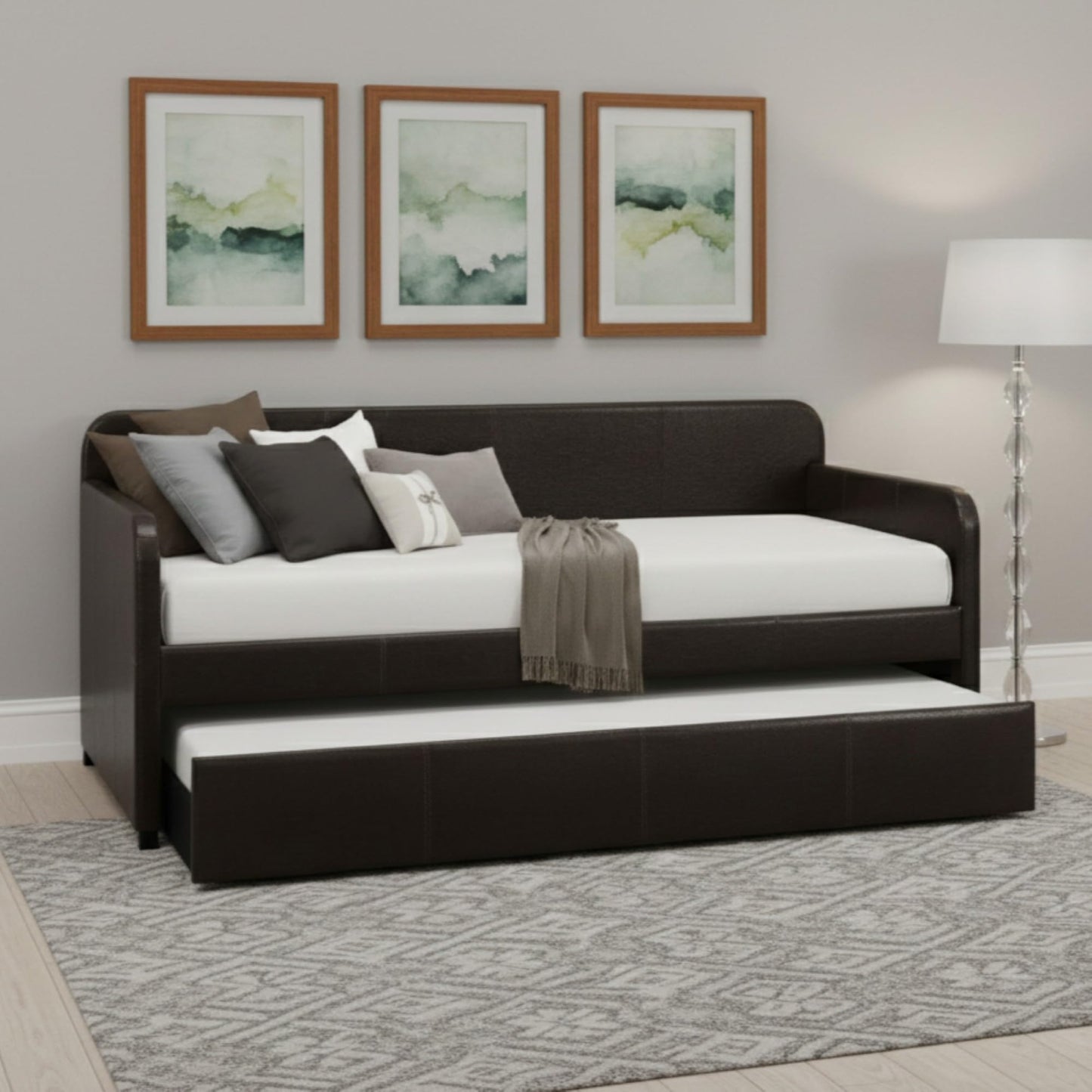HOME DESIGN Tiara Twin Daybed with Pull-Out Trundle, Upholstered Frame, Solid Wood Legs, Casual Design, Dark Brown