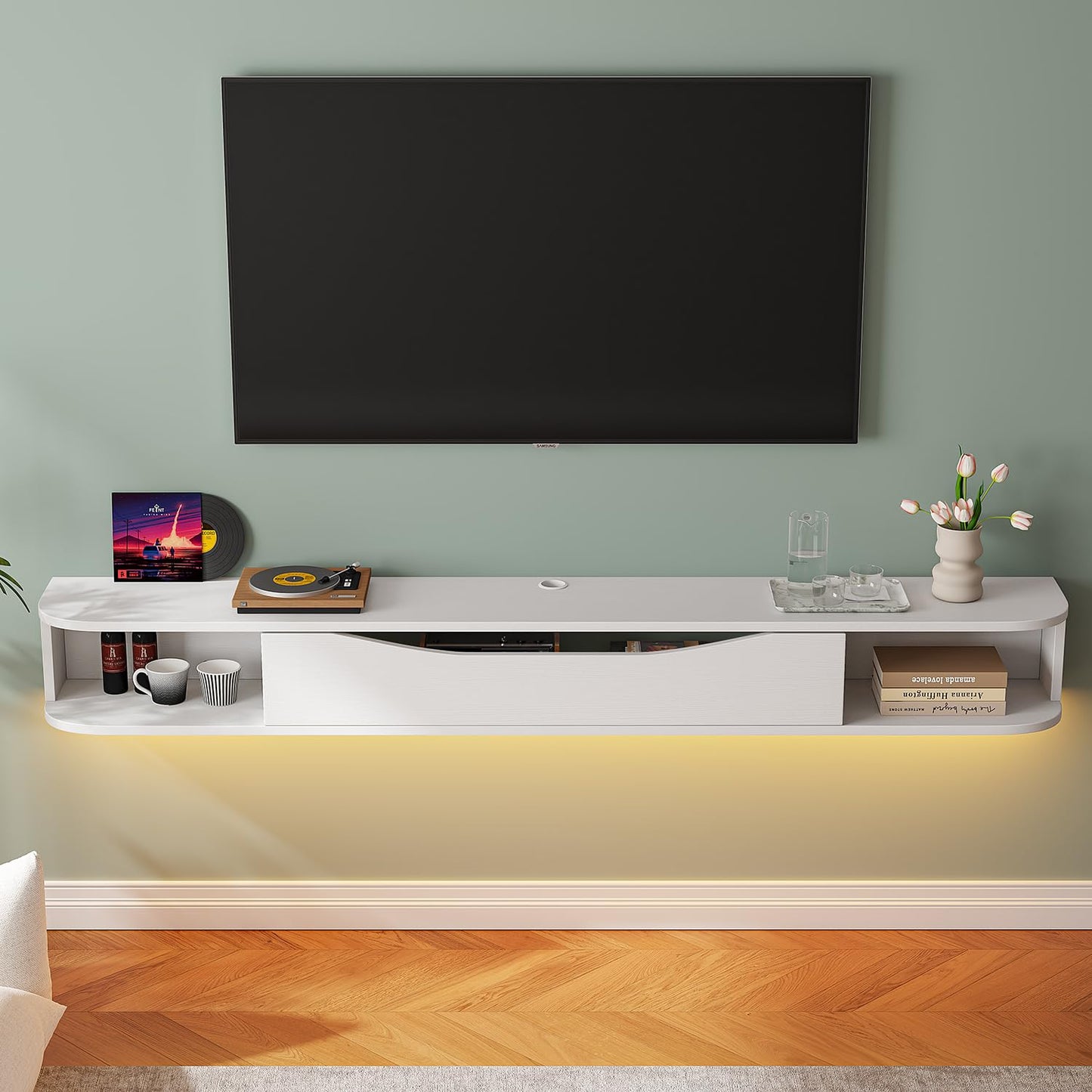 FurniNova 70'' Floating TV Stand, Modern Wall Mounted Media Console for 75 inch TV,Floating Entertainment Center with Storage,Under TV Shelf for Living Room Bedroom,White