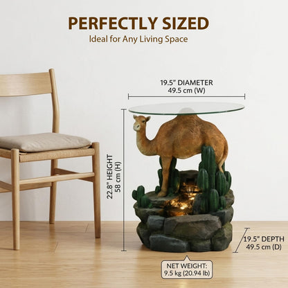 Camel & Cacti 4-Tier Waterfall Outdoor Indoor Side Table 22.8" H Glass Top Fountain with LED Lights Resin Desert Decor End Table for Garden Patio Living Room Balcony