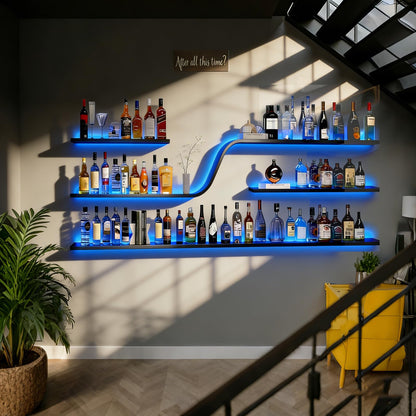 59IN Modern Wall Mounted Wine Rack with Blue LED Light, 3-tiers Metal Curved Bar liquor Bottles Display Shelf, Large Floating Bar Shelves Storage for Home bars, kitchens Coffee Shop (Black, 59in)