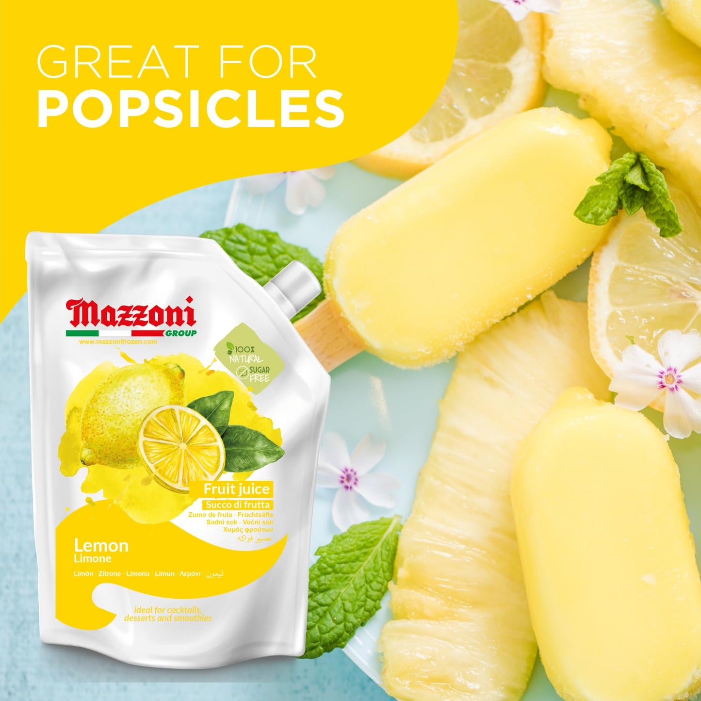Mazzoni - Lemon Juice, 100% Pure Lemon, Just Juice, No Sugar Added, Not from Concentrate, No Added Ingredients, Mixer for Cocktails, Drinks, Smoothies – 2.2 lb Convenient Pouch, Made in Italy
