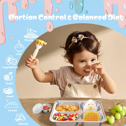 Bakpoco Stainless Steel Divided Plate for Kids Toddler, Non Toxic Portion Control Plate Dinner Plate with Lid for Adults Weight Loss, 2 Pack 4 Sections Rectangular Snack Plate Tray