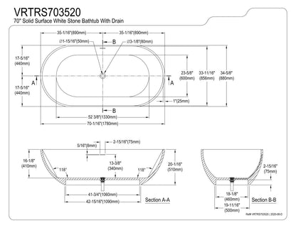 Aqua Eden VRTRS703520 Arcticstone 70-Inch Solid Surface White Stone Freestanding Tub with Drain, Matte White