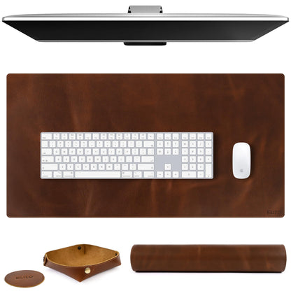 Elizo Real Leather Desk Mat Set (32x16) Large Desk Cover Desk Blotter Protector Computer Gaming Mouse Pad Table Laptop Office Desktop Accessories