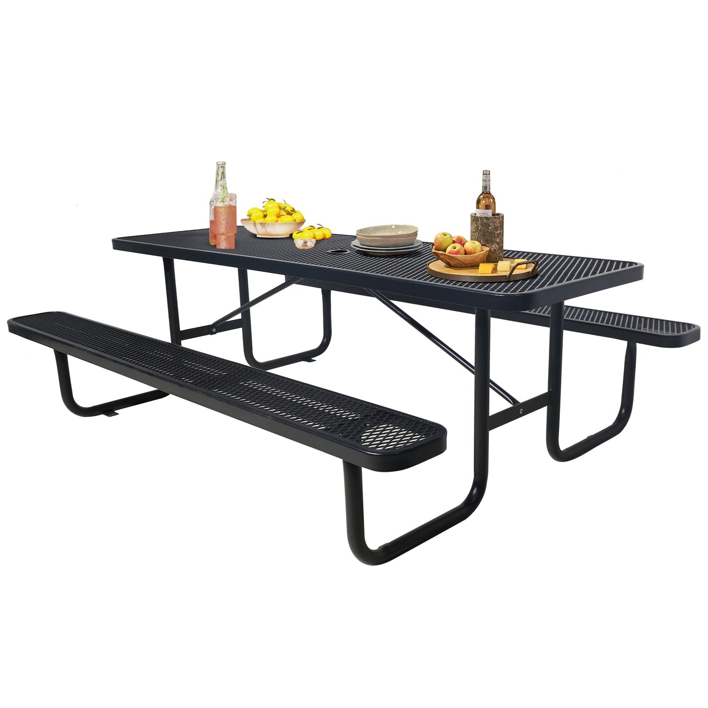 Sunnibety 6FT Metal Picnic Tables for Outdoors, Commercial Rectangular Picnic Table and Bench Set for Outside, Patio, Garden, Backyard, Porch, Surface Mount, Black