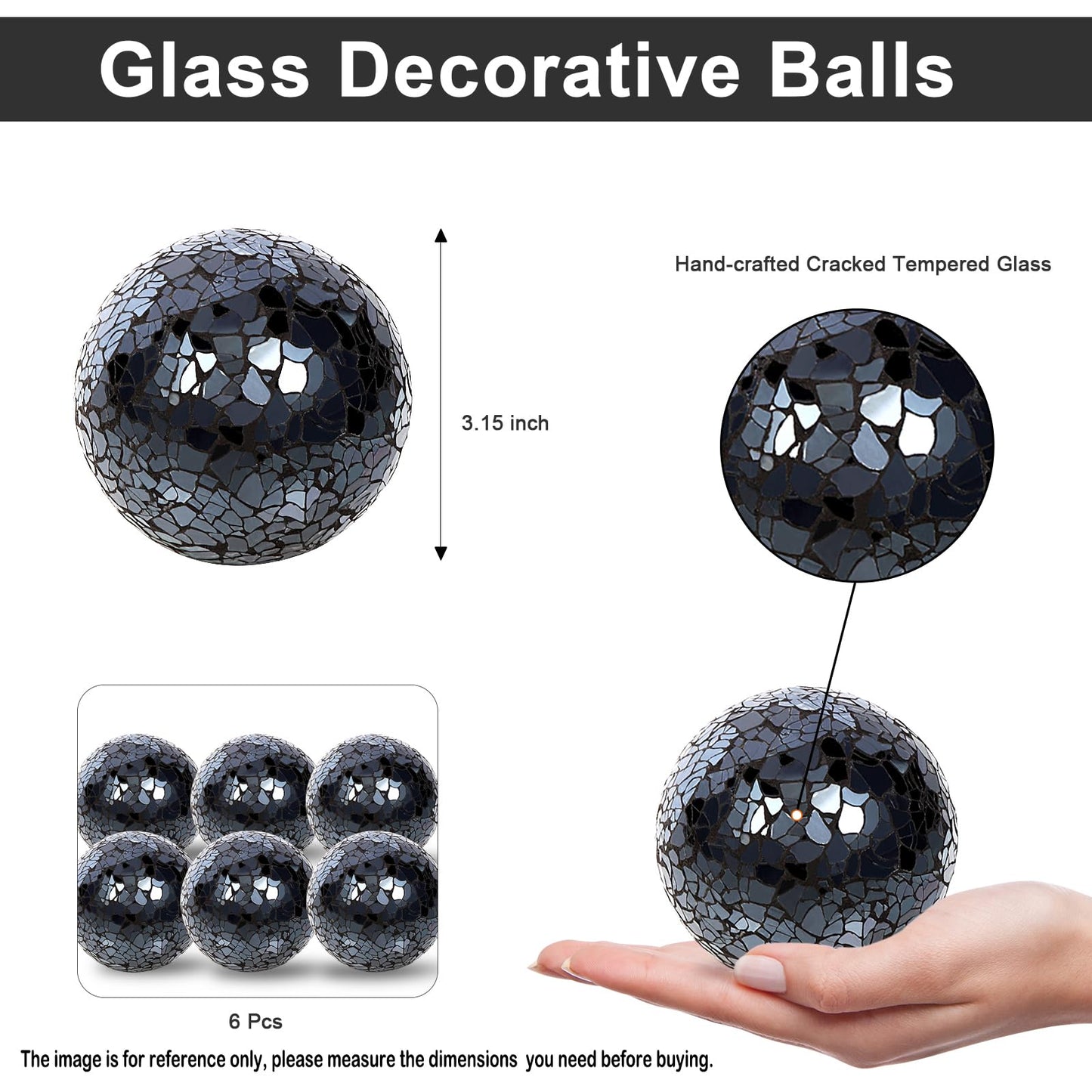 Hiziwimi 6Pcs Decorative Ball for Bowls, 8cm/3.15inch Mosaic Glass Centerpiece Decoration Balls Mirror Glass Ball Fillers for Home Decor Dining Tables Wedding Party (Black)