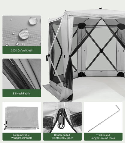 Raynesys 6 Sided Pop Up Gazebo Tent, Outdoor Gazebo with 6 Removable Wind Cloths, Pop-Up Canopy Shelter with Mesh Windows, Quick Set, 12x12 Feet Space, Camping Screen Tent for 8-12 Person Foldable