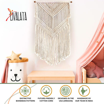 Livalaya Boho Macrame Woven Wall Hanging Beige 16 in x 36 in Modern Bohemian Tapestry wall Art Decor for House, Apartment, Dorm, Bedroom, Nursery, Party Decorations, Wedding, Wall Ornament