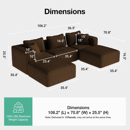 Novilla 106" Modular Sectional Sofa, Modern Cloud Sectional Couch with Smarts Coil® Support, U-Shape Boneless Couch for Living Room Apartments, No Assembly Required, Brown (3 Seat w/ 2 Ottoman)
