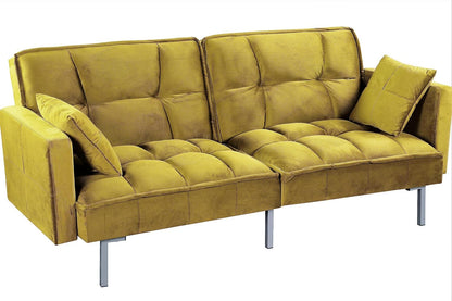 Container Furniture Direct Regal 75.6" Velvet Convertible Sofa Bed - Mid-Century Sleeper Couch w/Tufted Design & Metal Legs - Pull-Out Futon for Guests/Home (75.6"W x 34.6"D x 32"H), Greenish Yellow