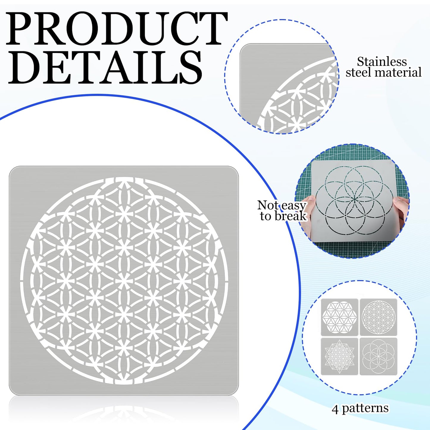 Therwen 4 Pcs Reusable Metal Stencils Sacred Geometry Stencils Flower of Life Version 64 Tetrahedron Seed of Life Drawing Template for Wood Burning Engraving Crafting Scrapbook Wall Painting Crafts