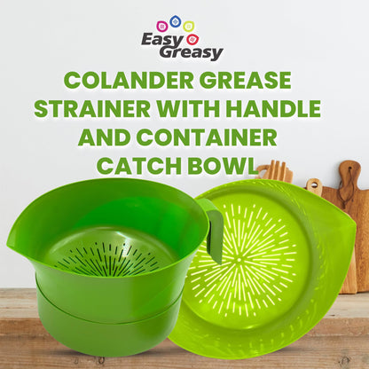 Easy Greasy 3-Piece Colander Grease Strainer Set – Green Grease Separator with Handle, Container & Lid – Strains Bacon, Pasta, Ground Beef – BPA-Free Kitchen Gadget