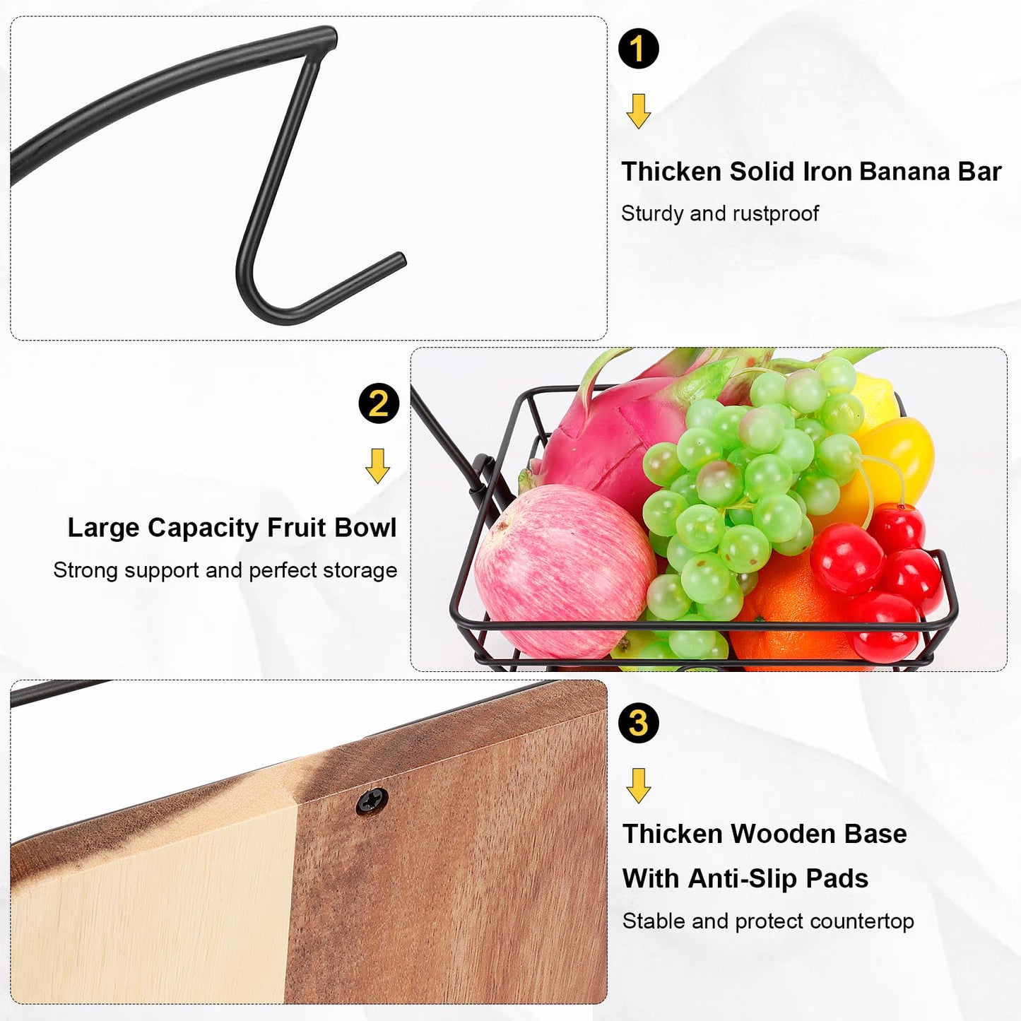 Livabber Countertop Fruit Basket Bowl with Banana Hanger, Modern Standing Fruit Vegetable Bowl Storage, with Banana Tree Holder for Kitchen Dinning Table (Square Wood, Black)