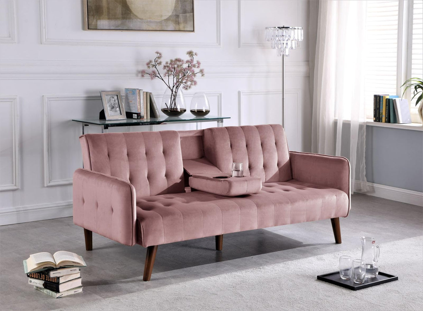 ERYE 72-Inch Linen Tufted Upholstered Futon Sofabed for Bedroom Living Room, Modern Convertible Futon Loveseat Sleeper Sofa Bed with Adjustable Backrest and Cupholders