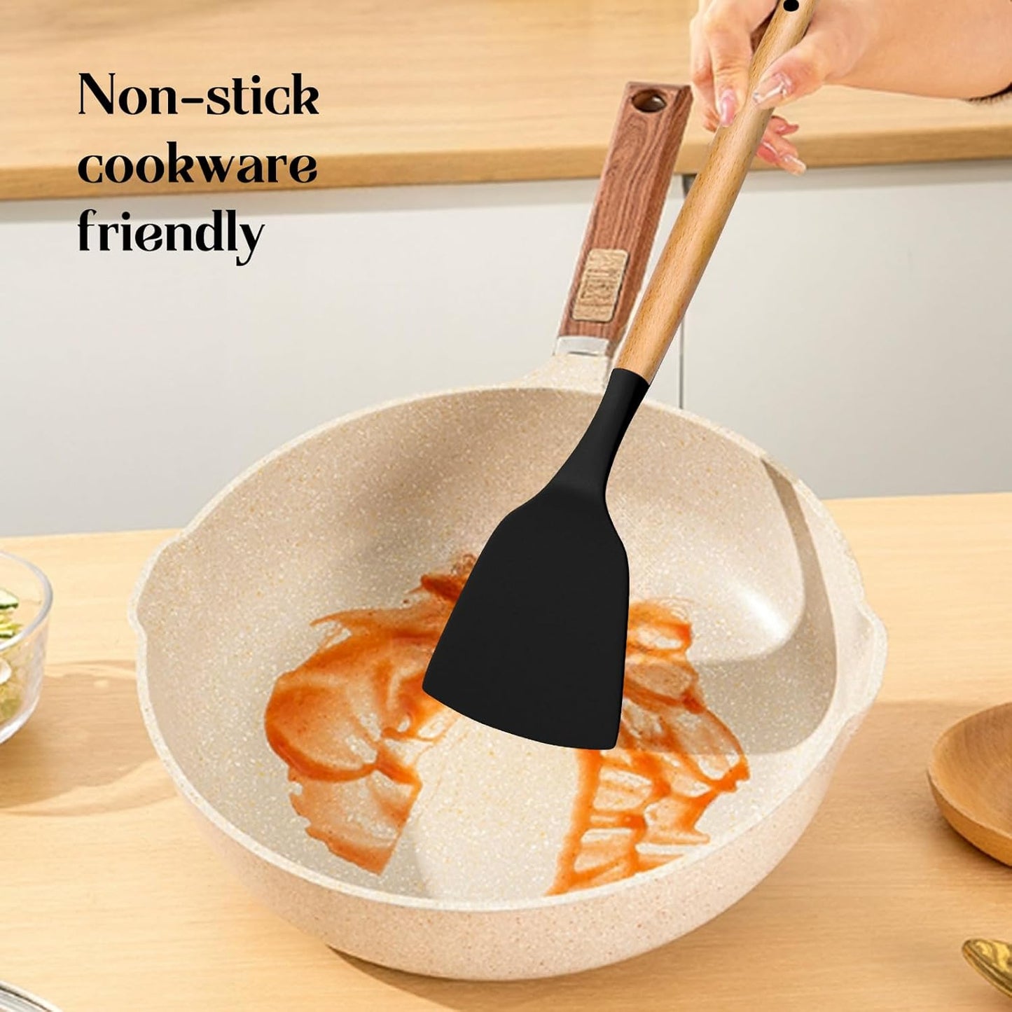 Silicone Kitchen Utensils Set, 28PCS Large Cooking Utensils with Holder, Wooden Handles, Spatula, Spoon, Whisk, Black