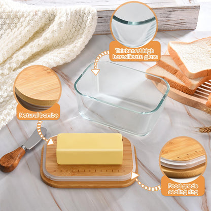 HEKEIEON Glass Butter Dish With Sealed Lid - Large Tray for Refrigerator and Outdoor Use - Dishwasher Safe