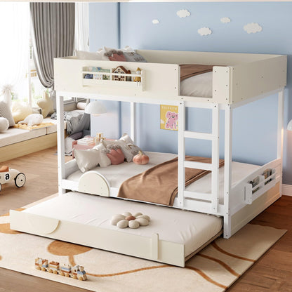 KEIKI Queen Over Queen Size Bunk Bed with Trundle, Pine Solid Wood Triple Bunk Beds Frame with Bookshelf, Guardrail, Slat and Ladders, Automobile Form Design bunkbed for Kids Teens & Adults