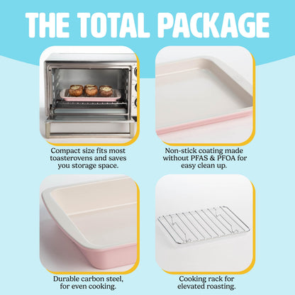 Tasty Nonstick Toaster Oven Baking Set Includes Cake Pan, Oven Tray, Rack, Carbon Steel Bakeware, 3-Piece Set, Pink