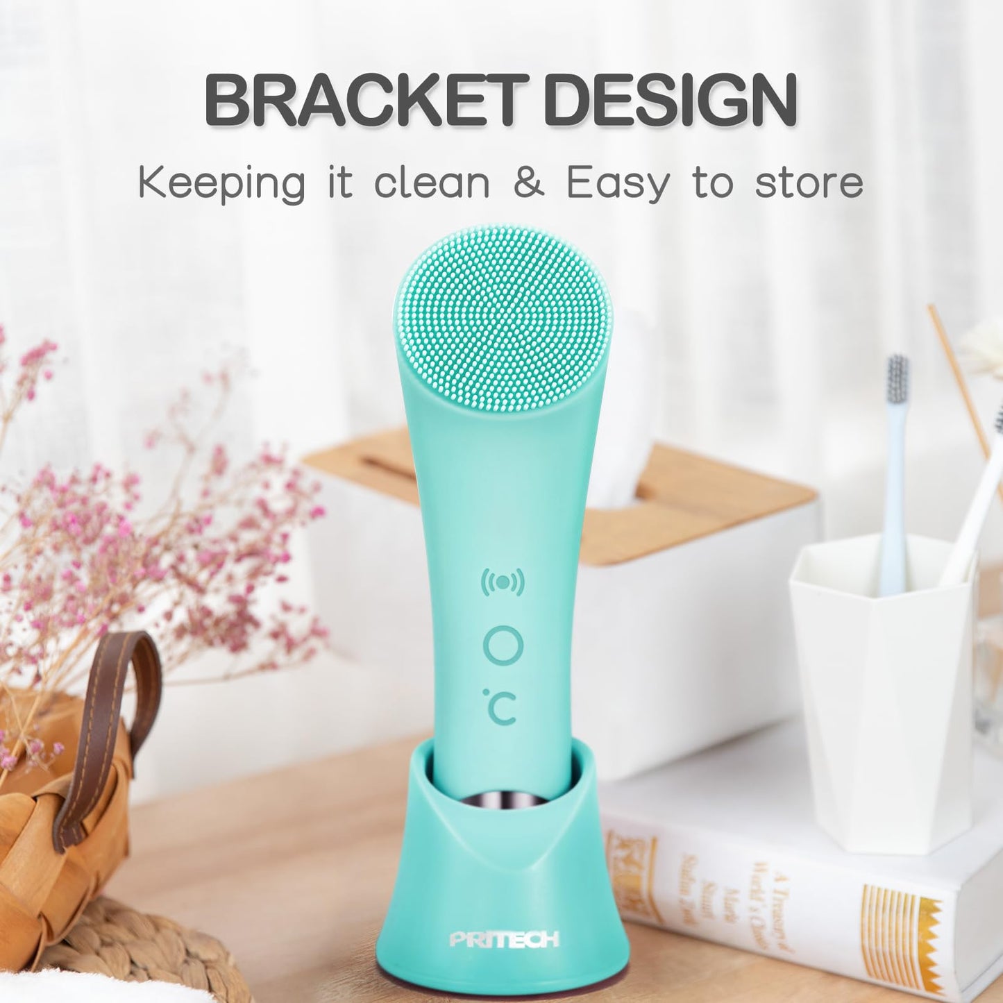 PRITECH Facial Cleansing Brush, Rechargeable Silicone Face Scrubber with Heat Massage End, Vibrating Exfoliator Scrubber for Deep Cleaning, Waterproof Face Brush for Women and Men (Pink)