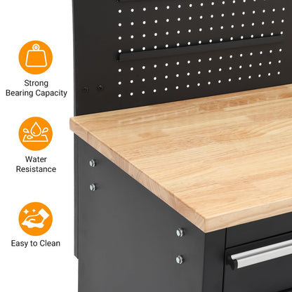 Garvee Rolling Tool Chest, 61 in Garage 10 Drawers Workbench Storage Tool Cabinet with Solid Rubber Wood Top, Power Strip, 1675 LBS Load Mobile Workstation, Heavy Duty Rolling Cabinet, Black