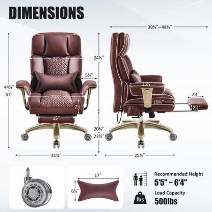 Executive Desk Chir with Adjustable Air Back Support, Luxury Ergonomic PU Leather Office Chair with Lumbar Massage High-Back 3-Level Tilt 360° Swivel Silent Wheels Height Adjustment,Footrest, Brown