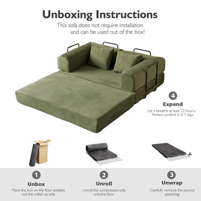 THOLASIS 59in Convertible Sofa Bed, Corduroy Boneless Couch Bed, Futon Sleeper Sofa Pull Out Bed, Foldable Couch for Living Room Apartment, No Assembly Required