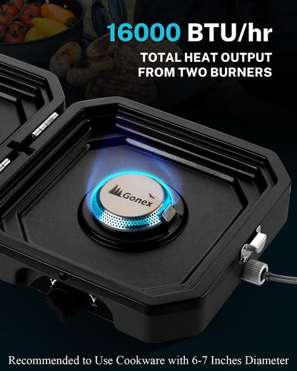 Gonex 2 Burner Propane Camping Stove with Griddle & Grates, Portable Foldable Cooking Stove with Total 16,000 BTU, Two Piezo Ignition Adjustable Burners for Camping, Patio, Emergency, Hiking (Black)
