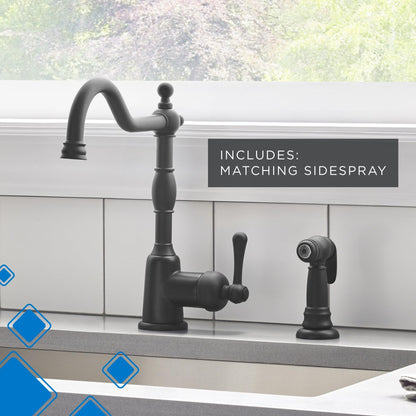 Gerber Opulence Black Kitchen Faucet with Side Spray - Farmhouse Style, Single Handle, Heavy-Duty Brass Construction, 2-Hole Installation in Satin Black, D401157BS