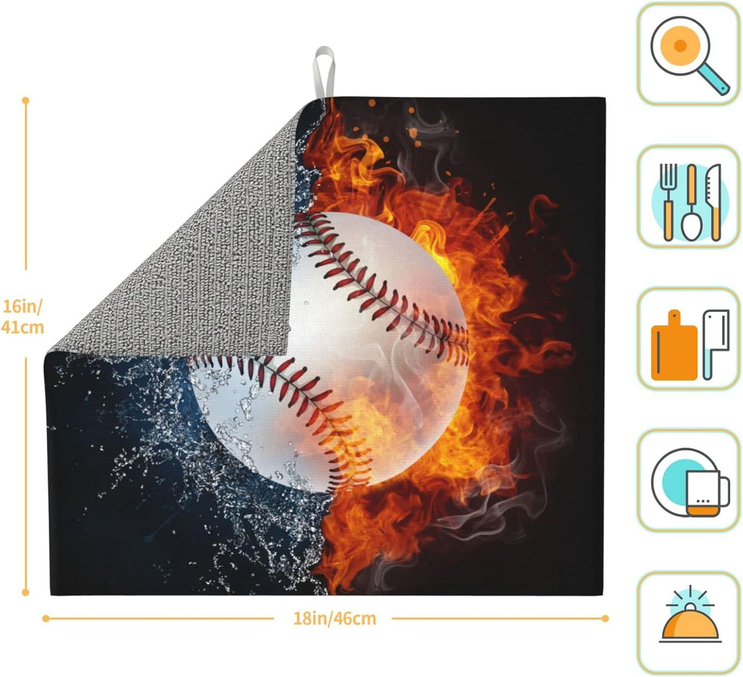 Baseball Dish Drying Mat 18x16 in, Sports-Themed Absorbent Pads with Cool Fire & Water, Drainer Mats for Kitchen Counter