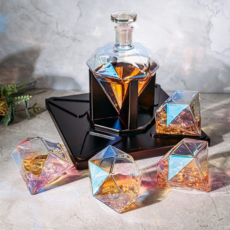 The Wine Savant Diamond Whiskey & Wine Decanter, Iridescent Set - 750ml With 4 Diamond Glasses and Beautiful Mahogany Wooden Holder Liquor, Scotch, Rum, Bourbon, Tequila Tray Whiskey Gifts for Men