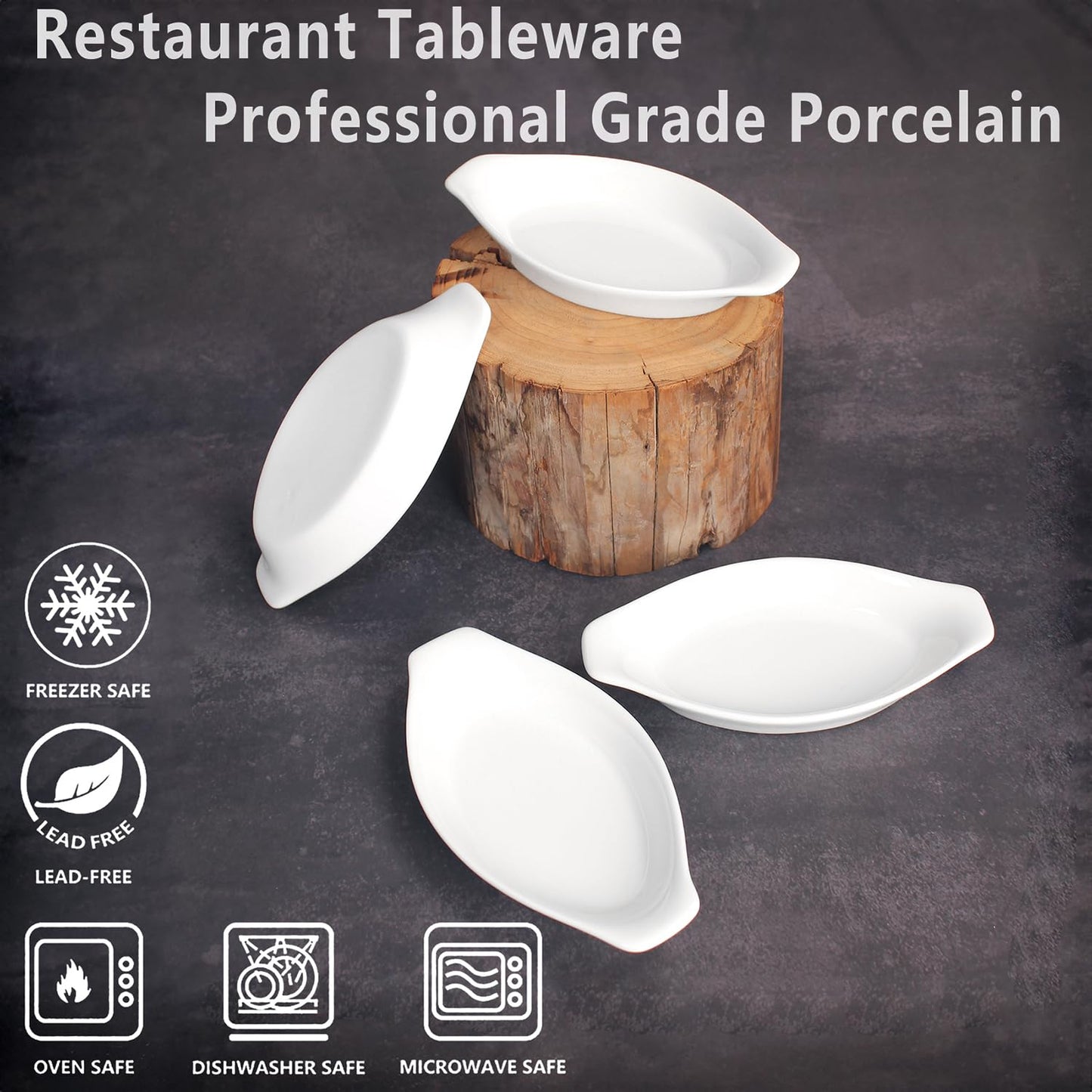 jinsongdafa 6" x 4" Ceramic Oval Small Au Gratin Baking Dishes 7 oz, Set of 4 Banana Split Bowls, Oven and Microwave Safe, for 1 person servings, Bakeware with Handle(8.3 IN) for Kitchen and Home