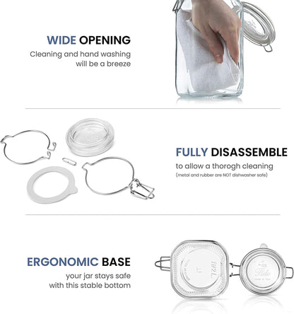 Bormioli Rocco Clear Glass Storage Jars: Airtight Hinged Lid With Leak Proof Gasket, Wide Mouth Canister Kitchen Food Container - For Zero Waste Air Tight Preserving Jam, Spices, Coffee, Sugar & Herbs
