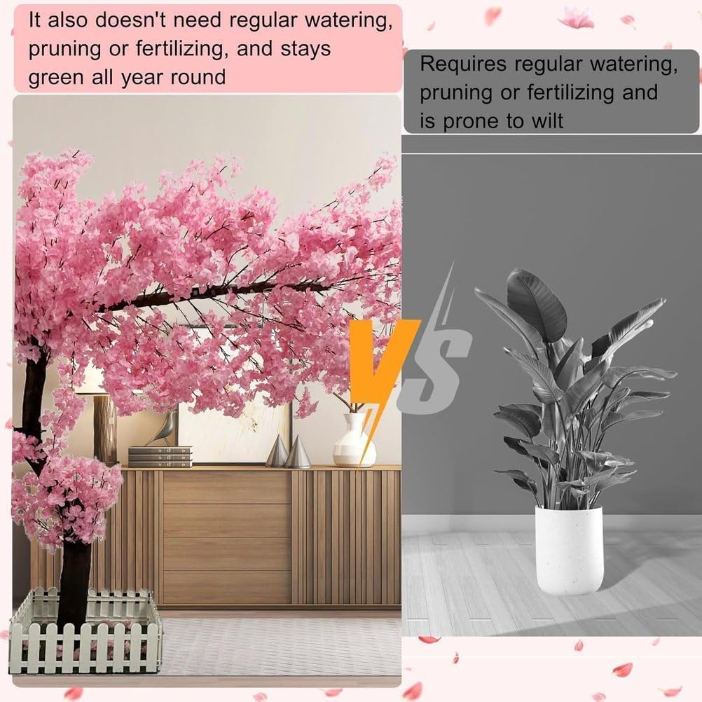 Artificial Cherry Blossom Tree Lifelike Non-Fading Japanese Faux Cherry Tree Cloth Plastic Suitable For Indoor Outdoor Home Decor Hotels Parks Offices Commercial Venues Seasonal Decoration,Pink,6.5ftX