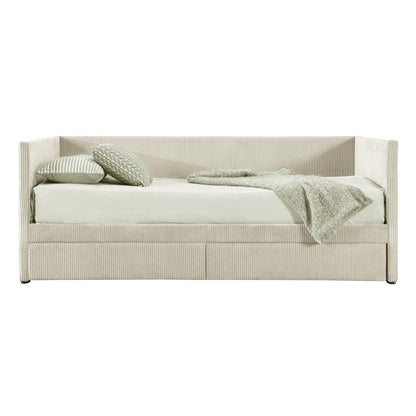 Merax Twin Size Corduroy Daybed with Two Drawers and Wood Slat,Sofa Bed Frame for Bedroom,Teens,Beige