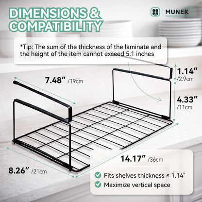 MUNEK Under Shelf Basket Storage Black 2 Pack Space-Saving with Extra Layer Lightweight & Quick to Install Non-Slip16.1" D x 8.46" W