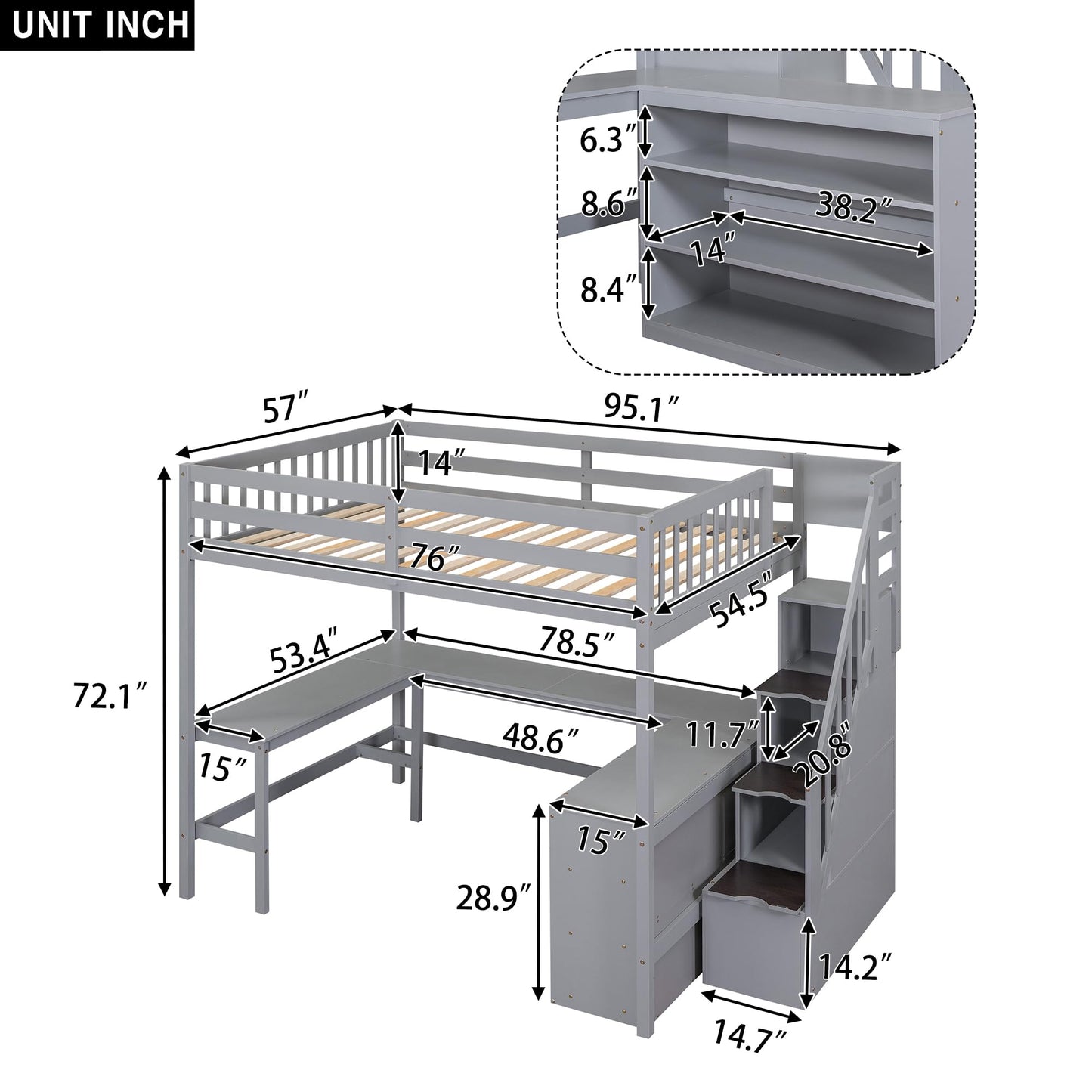 Ball & Cast Loft Bed Full Size with Built-in L-Shaped Desk and Three-Tier Storage Shelves,Wooden Bedframe w/Storager Staircase & Guardrails,Space Saving,Bedroom Furniture for Student Dorms,Gray