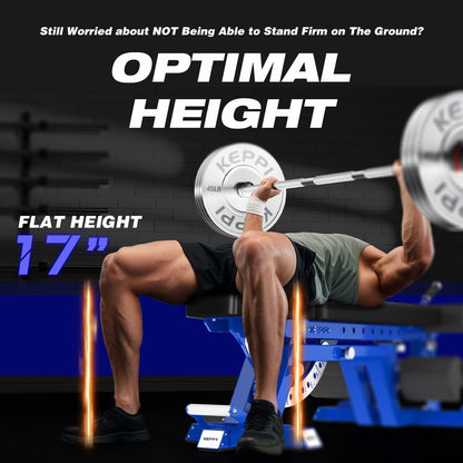 KeppiFitness Weight Bench, 1500LBS Capacity Workout Bench, 17” Bench Press Height, 11+8 Adjustable Weight Bench with Flat/Incline/Decline Angle and On-end Storage - Bench6000 (2026 Version Blue Frame)