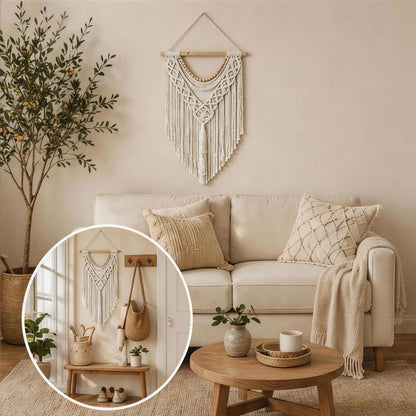 31.5×15 Inch Boho Macrame Wall Hanging, Handwoven Tapestry with Wooden Beads, Boho Home Decor