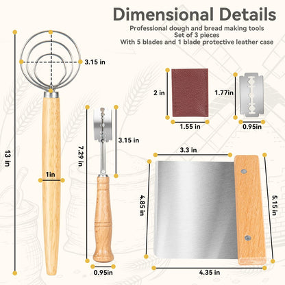Danish Dough Whisk - Bread Whisk Set of 3 pieces, Bread Making Tools and Supplies, Danish Sourdough Whisks, Dutch Whisks for Dough, With Dough Scraper Sourdough Cutter, Lame Doughs Scoring Tool Blades