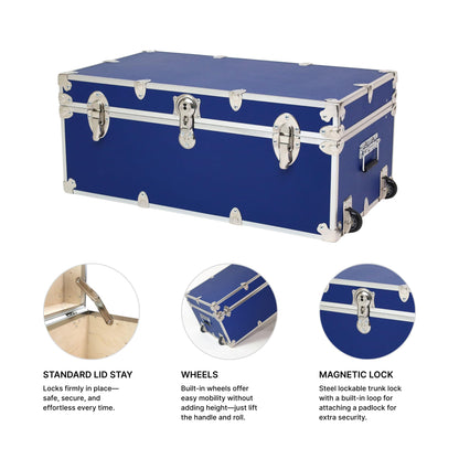 Rhino Trunk & Case Small Essential Trunk With Wheels, Tray, & Lid Organizer - 30"x17"x13", 1000+ lbs Capacity. Strong, USA Made Summer Camp Footlocker, and Secure College Dorm Storage Chest